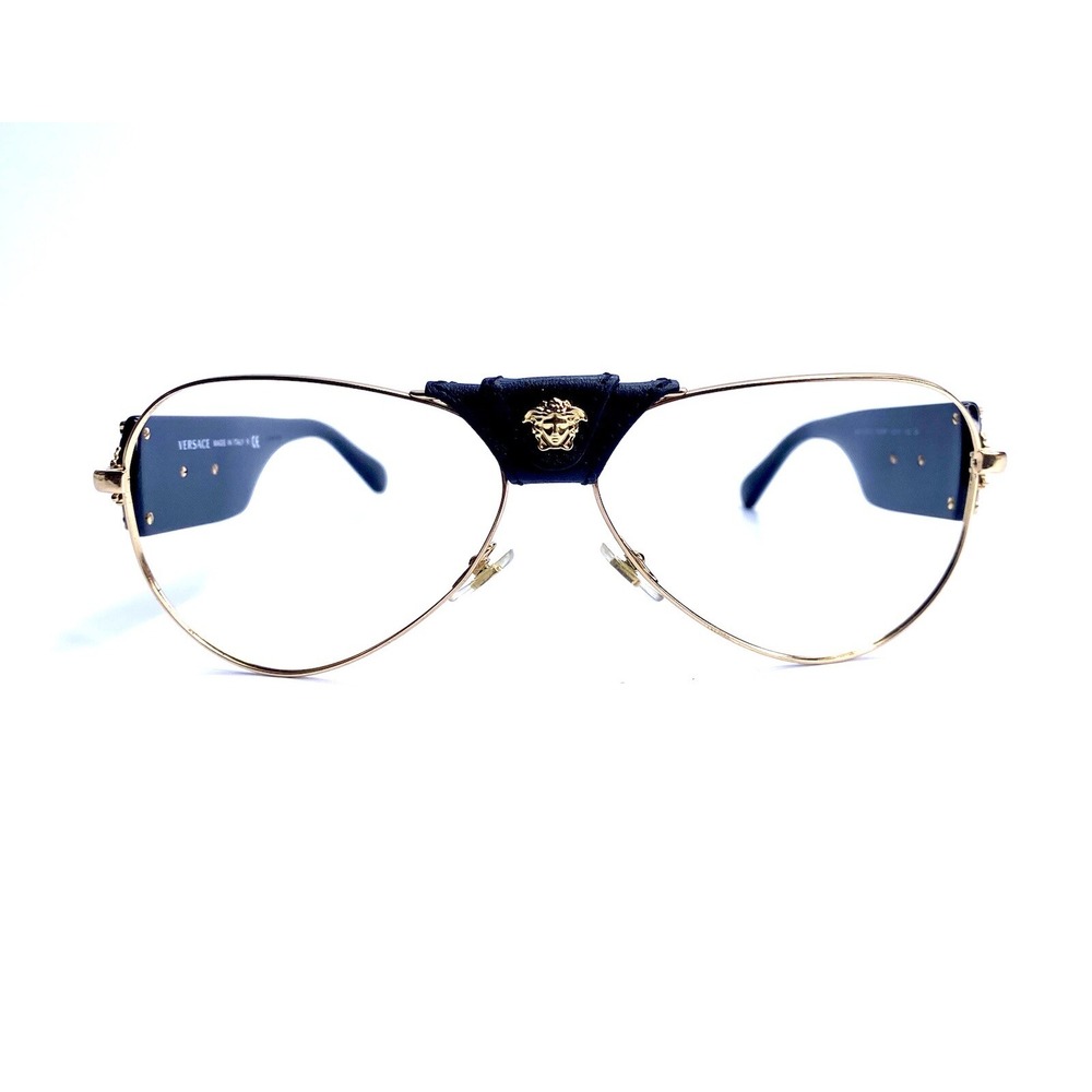Versace Gold Black Metal Aviator Medusa Leather Eyeglasses Italy 2150 62 14 140